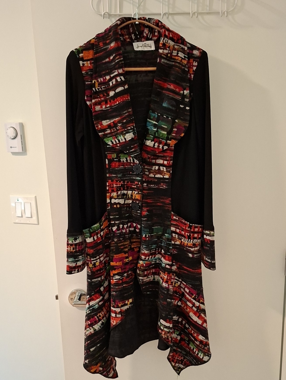 Vintage Joseph Ribkoff Black Bold Colorful Eclectic Longline Coatigan (Size M/L)